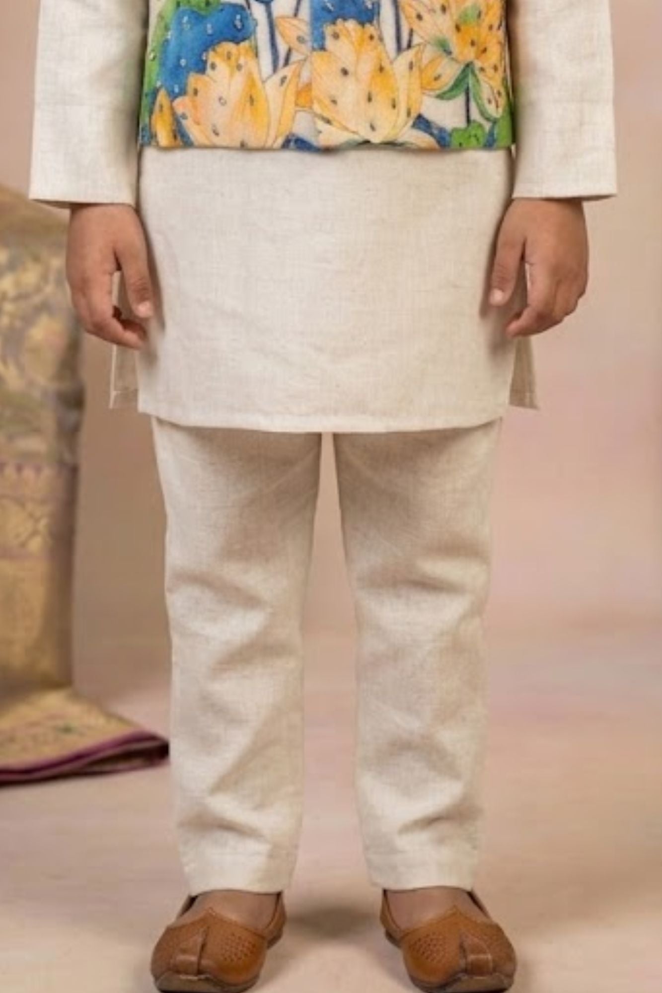 Ivory Kurta Pyjama Set with Floral Printed Nehru Jacket For Boys