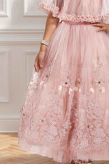 Pink Sequin Net Party Wear Gown With Ruffled Cape For Girls