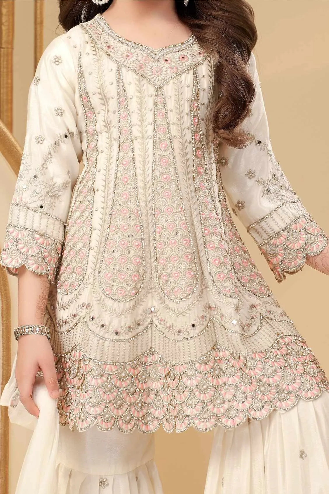 Cream Embroidered Palazzo Set With Dupatta for Girls