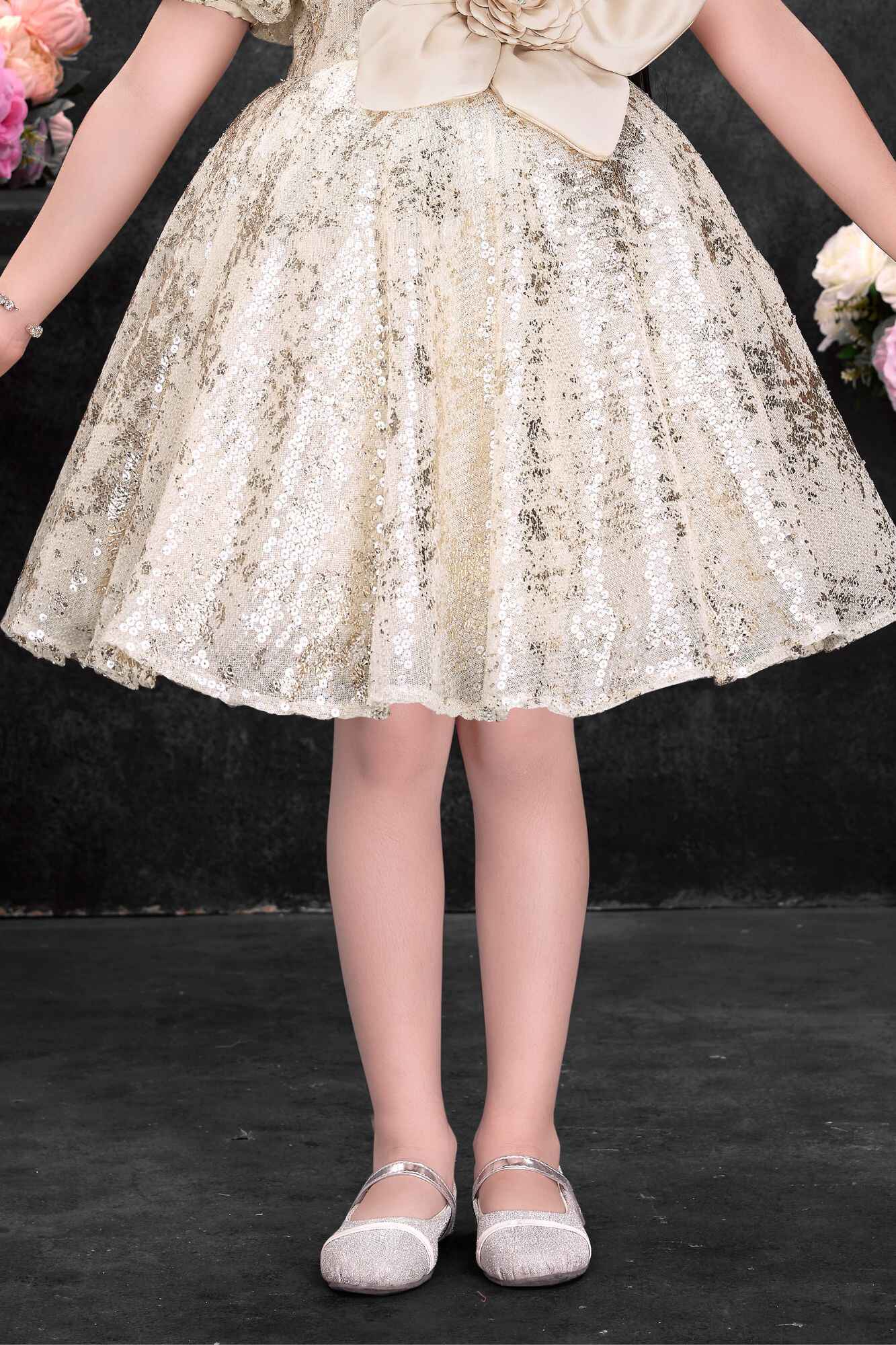 Fawn Sequin Party Wear Frock with Statement Floral Detail For Girls