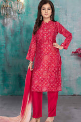 Red Mirror Work And Printed Ethnic Kurta Set For Girls