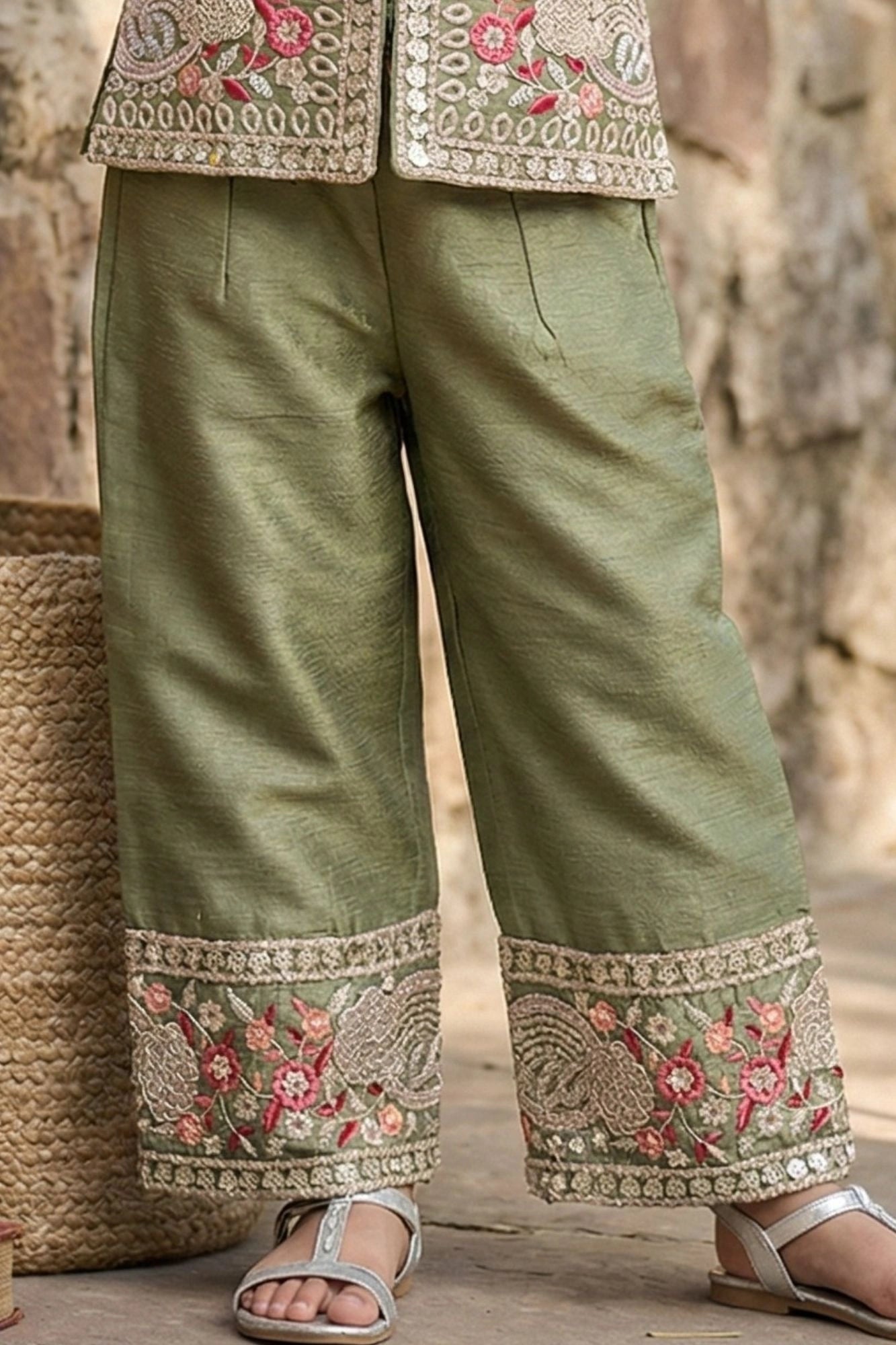 Olive Green Embroidered Palazzo Set for Girls