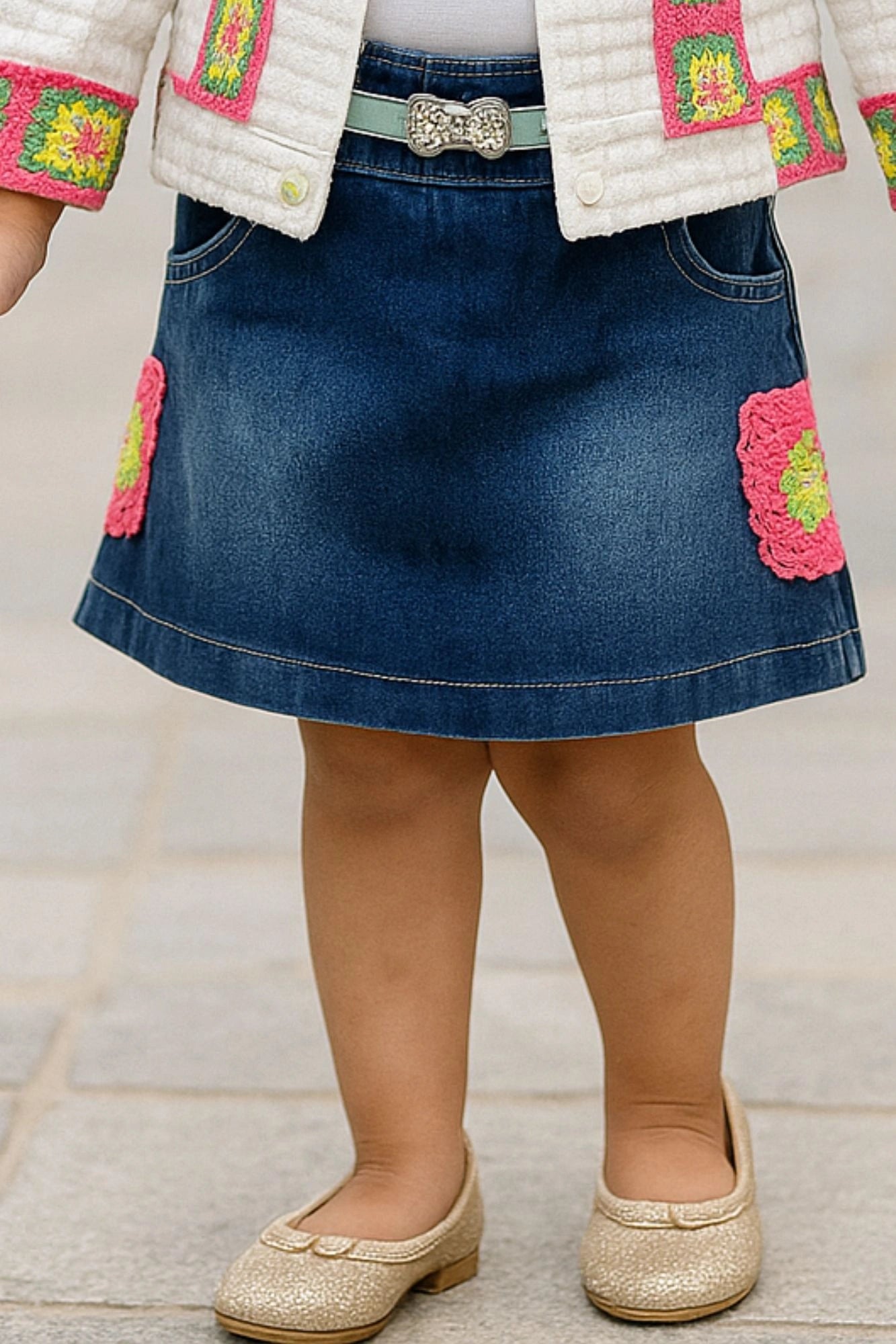 Denim Skirt Set with Embroidered Cream Jacket For Girls