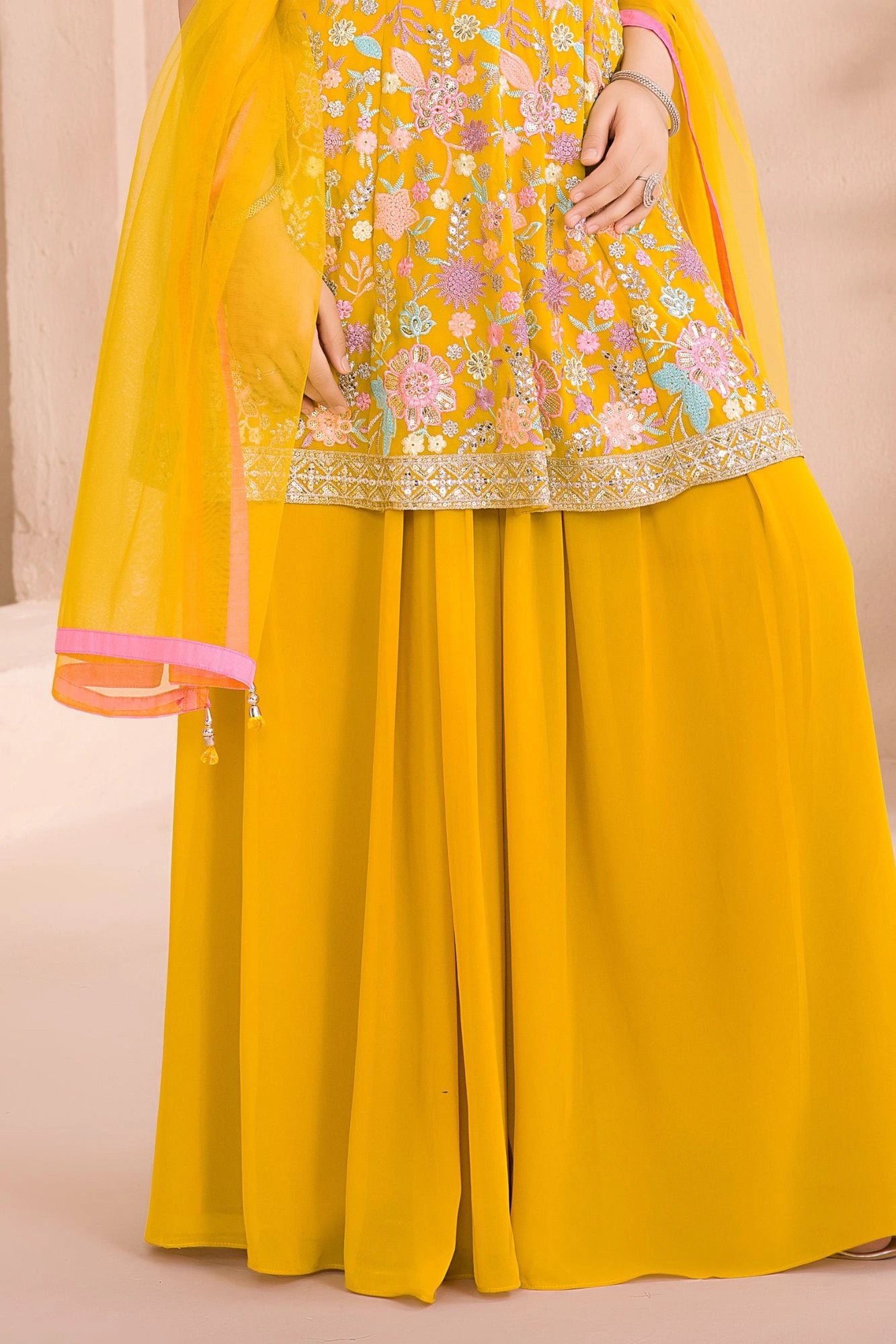 Yellow Palazzo Set with Multicolor Floral Embroidered Top And Dupatta for Girls