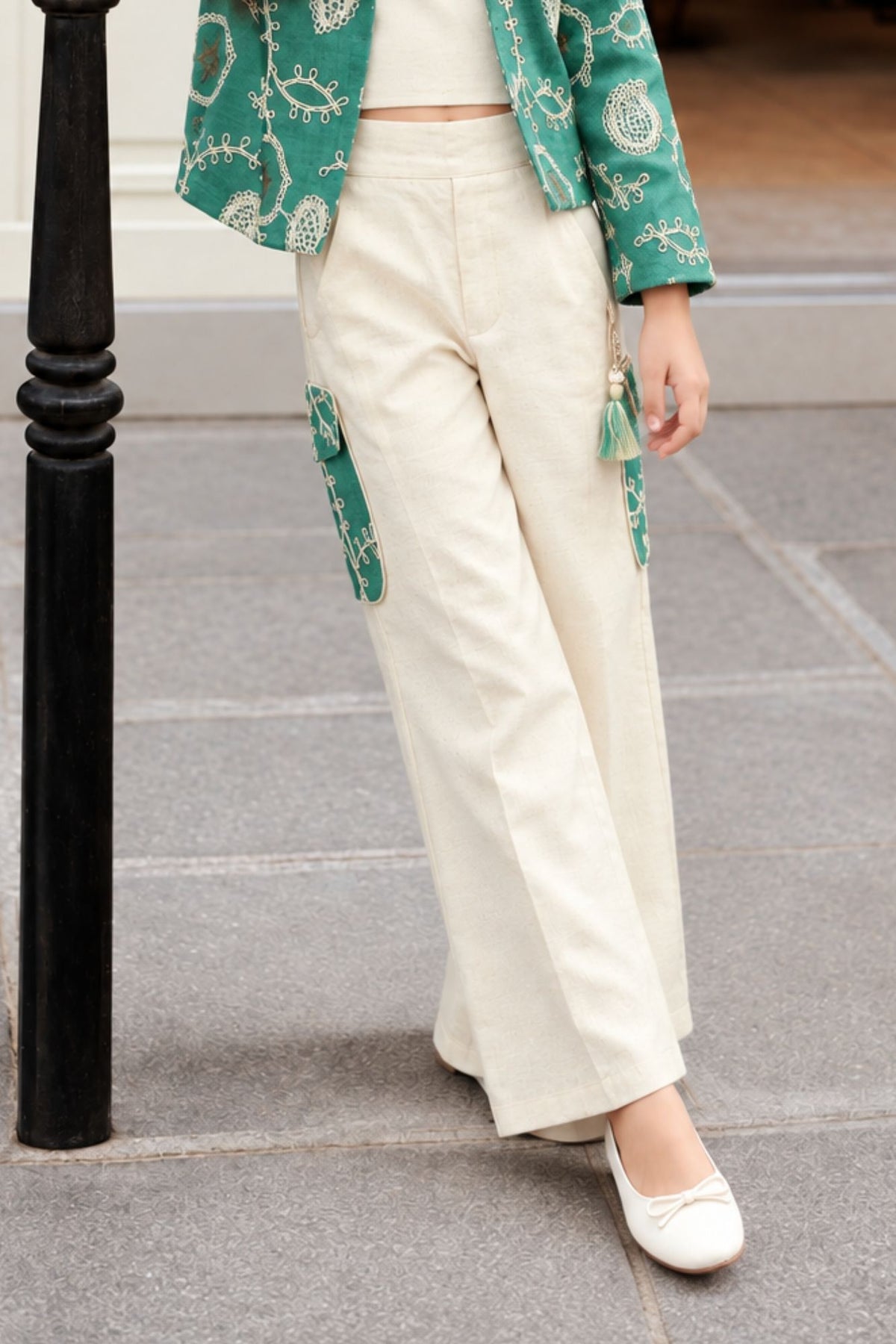 Sea Green Embroidered Jacket & Cream Co-Ord Set For Girls