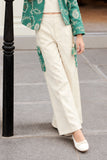 Sea Green Embroidered Jacket & Cream Co-Ord Set For Girls