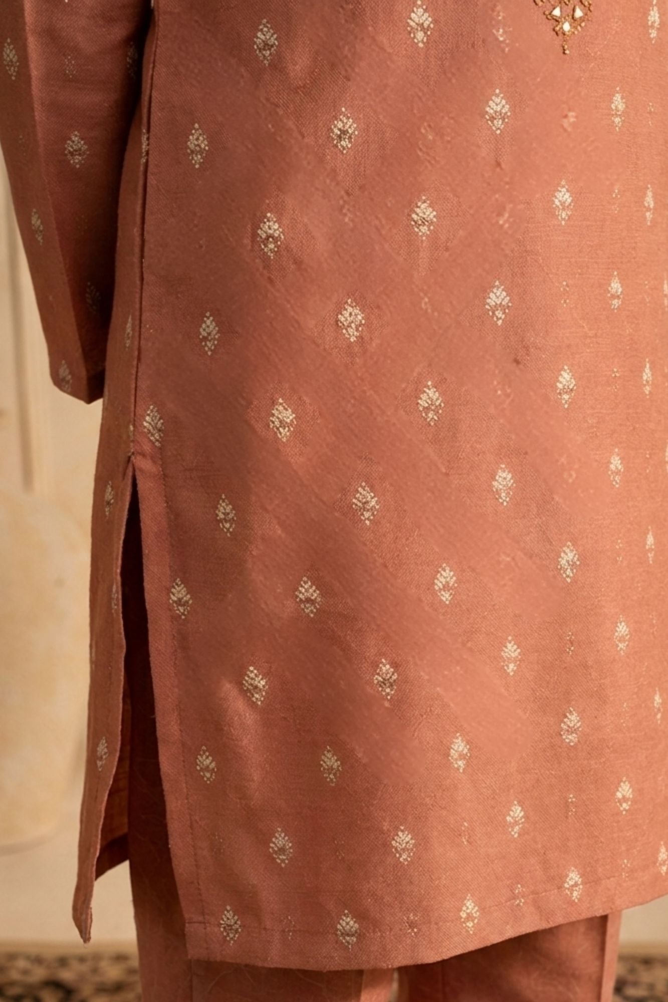 Boys Rust Orange Mirror Embroidered Kurta Pajama Set