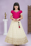 Magenta Embroidered Silk Pattu Pavadai with Puff Sleeves For Girls