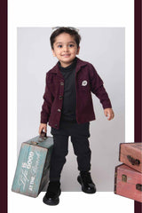 Little Collars Wine Overcoat With Black Tshirt And Pant Set For Boys