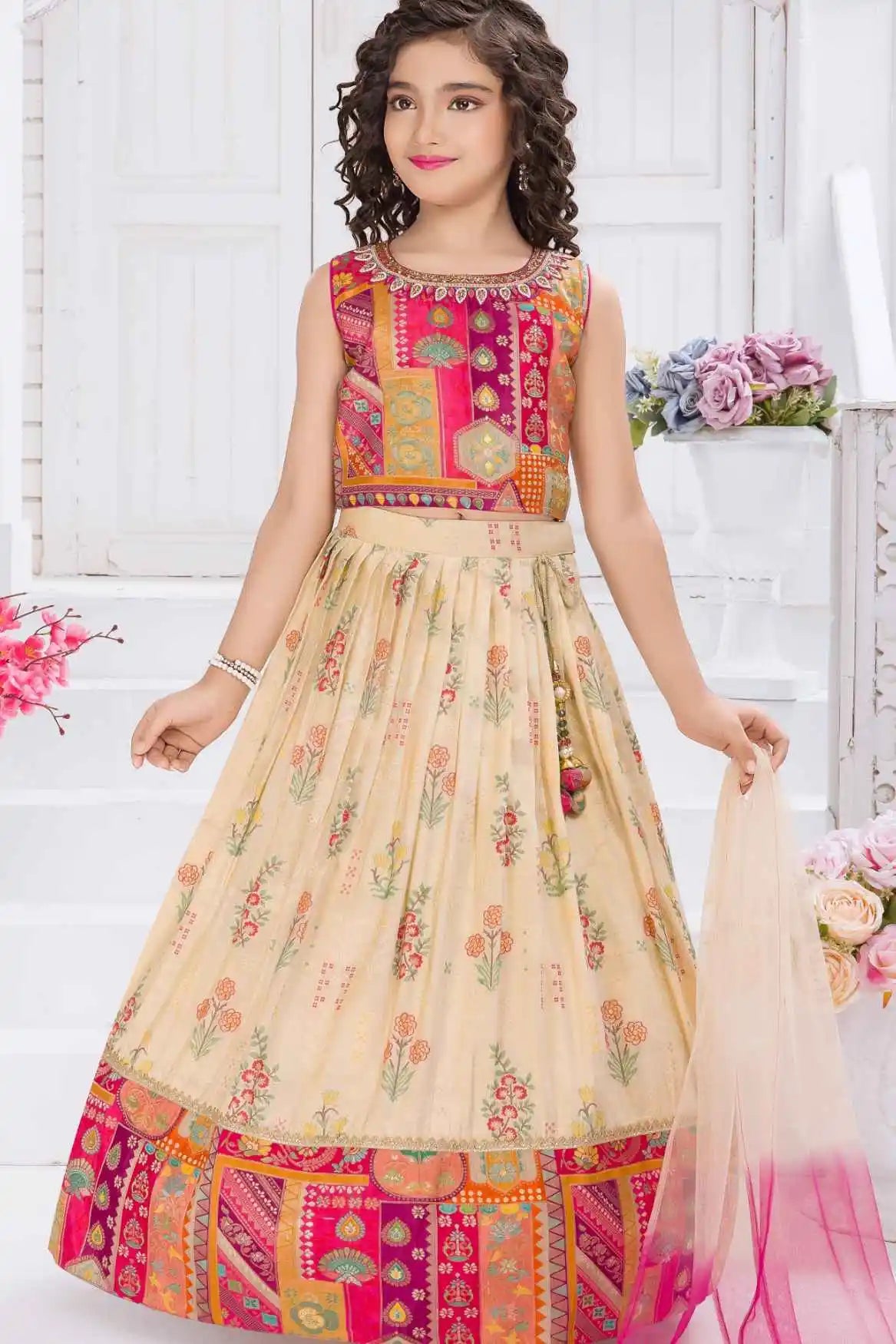 Multicolor Banarasi Silk Pattu Pavadai With Stone Work For Girls