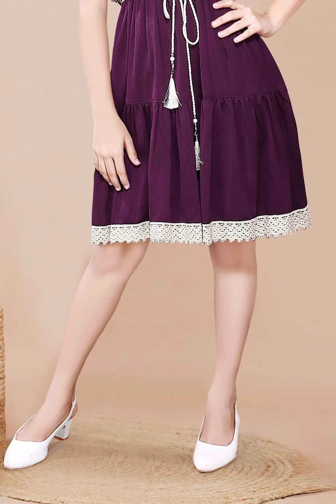 Purple Midi Dress With Lace Shrug  For Girls
