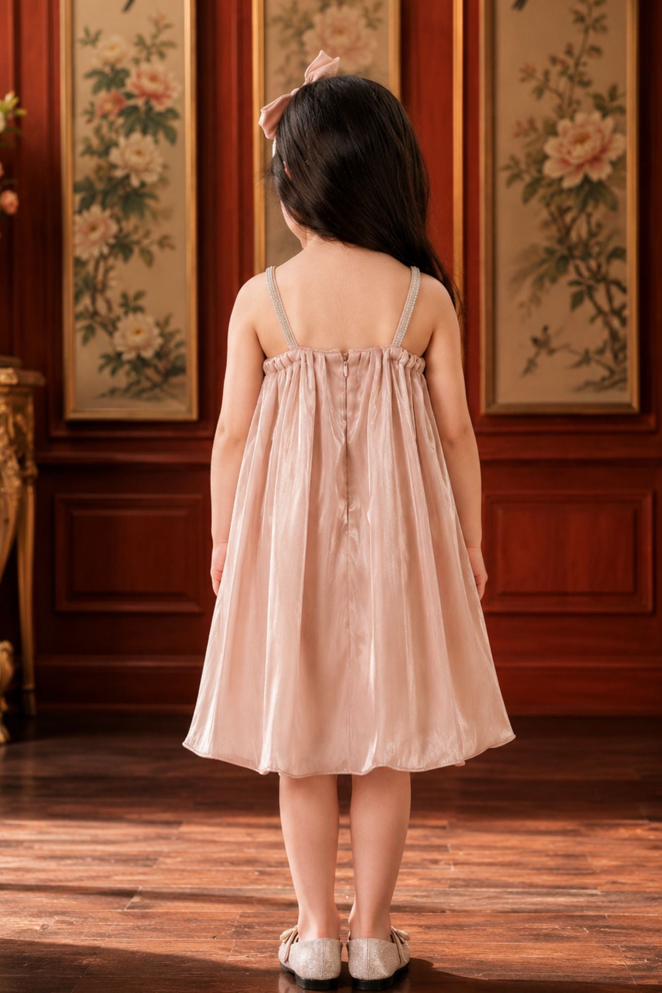 Peach 3D Bow Embellished Party Wear Frock For Girls