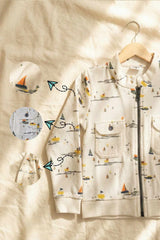 Cream Printed Full-Sleeve Jacket with Front Zip For Boys