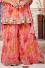 Peach Sleeveless And Sequins Embroidery With Floral Printed Sharara Set For Girls