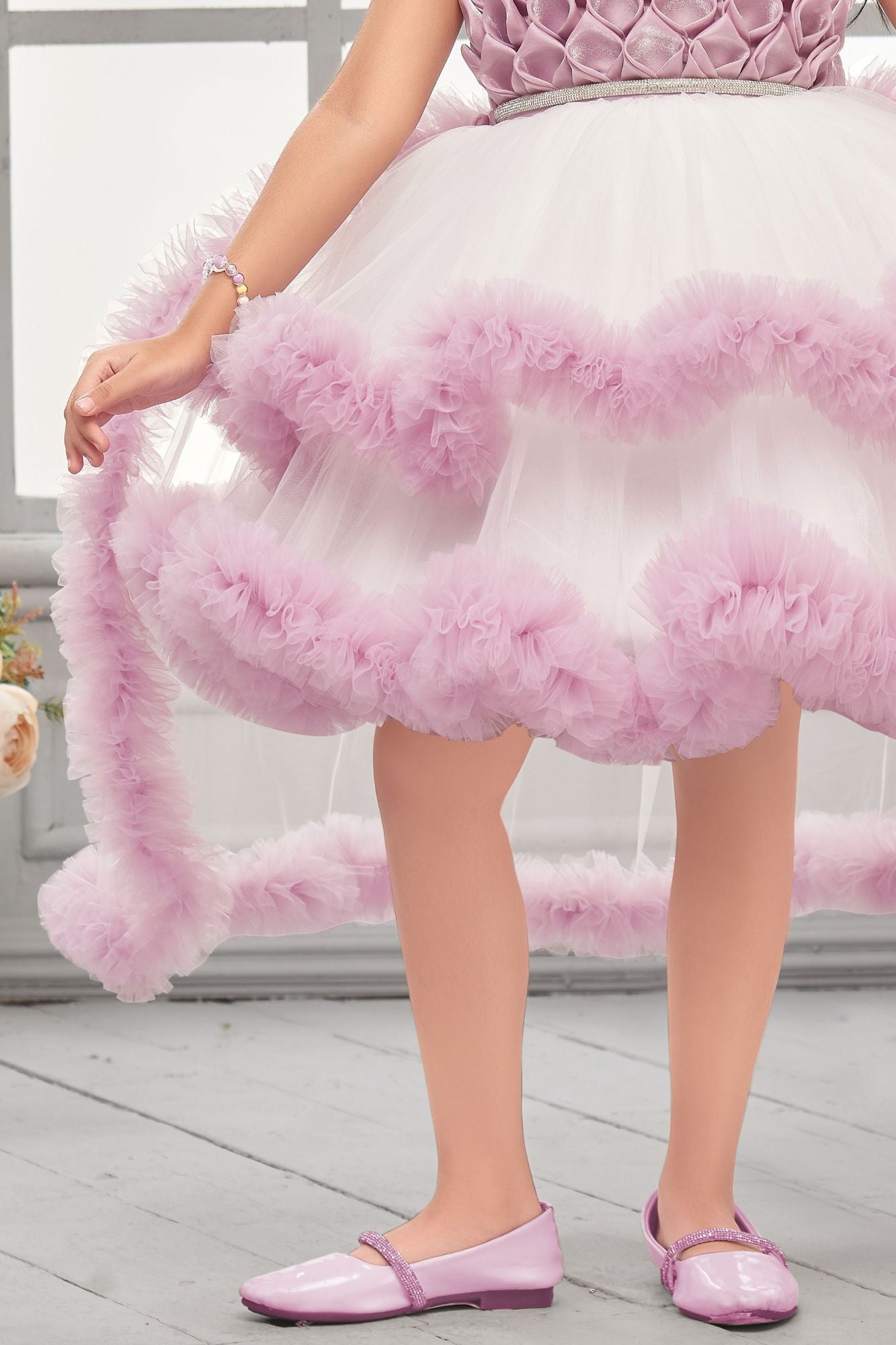 Onion Pink High-Low Party Wear Tulle Frock with Ruffle Layers For Girls