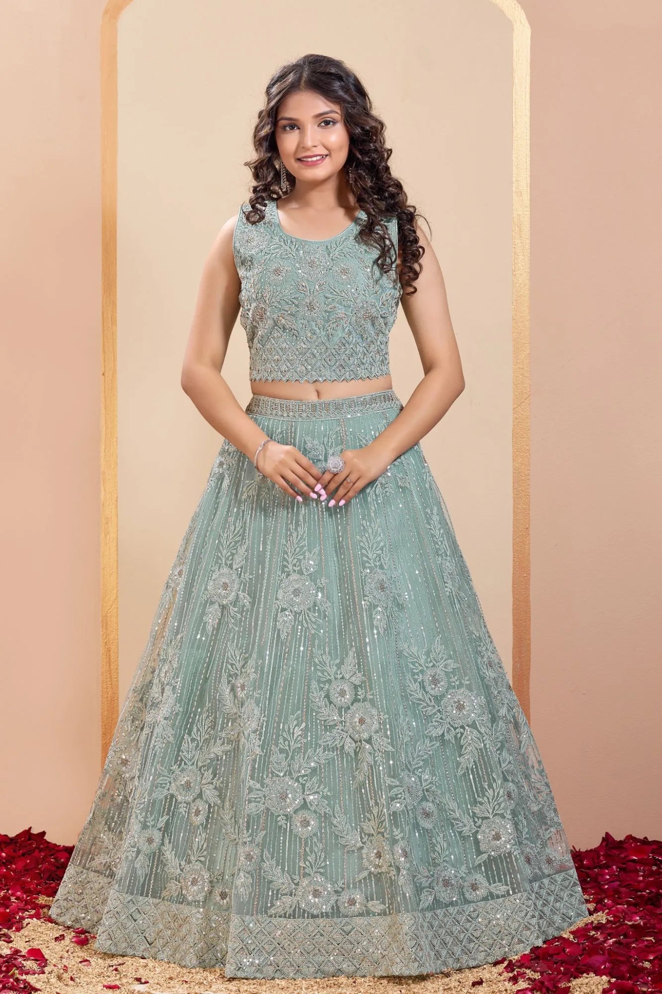 Sky Blue Embroidered Lehenga Choli Set For Girls