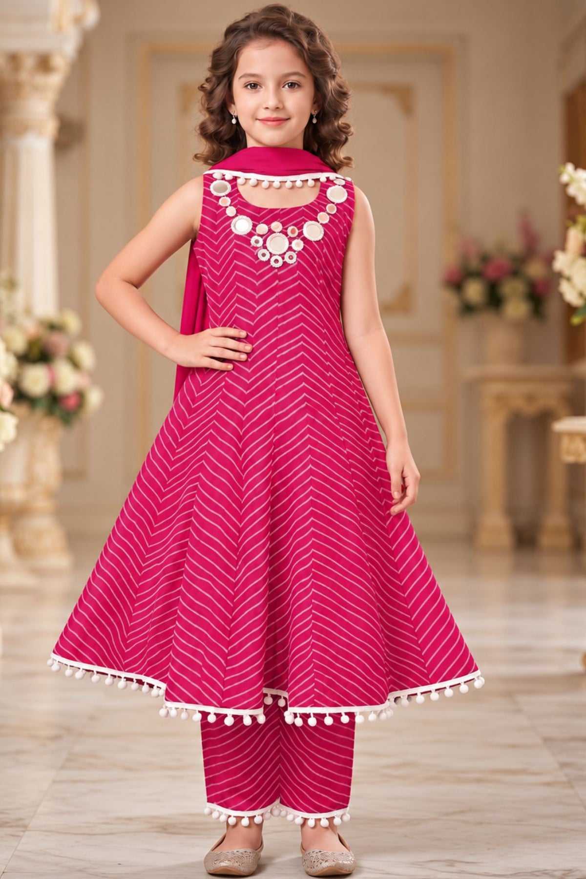 Girls Pink Embellished Kurta Set With Dupatta