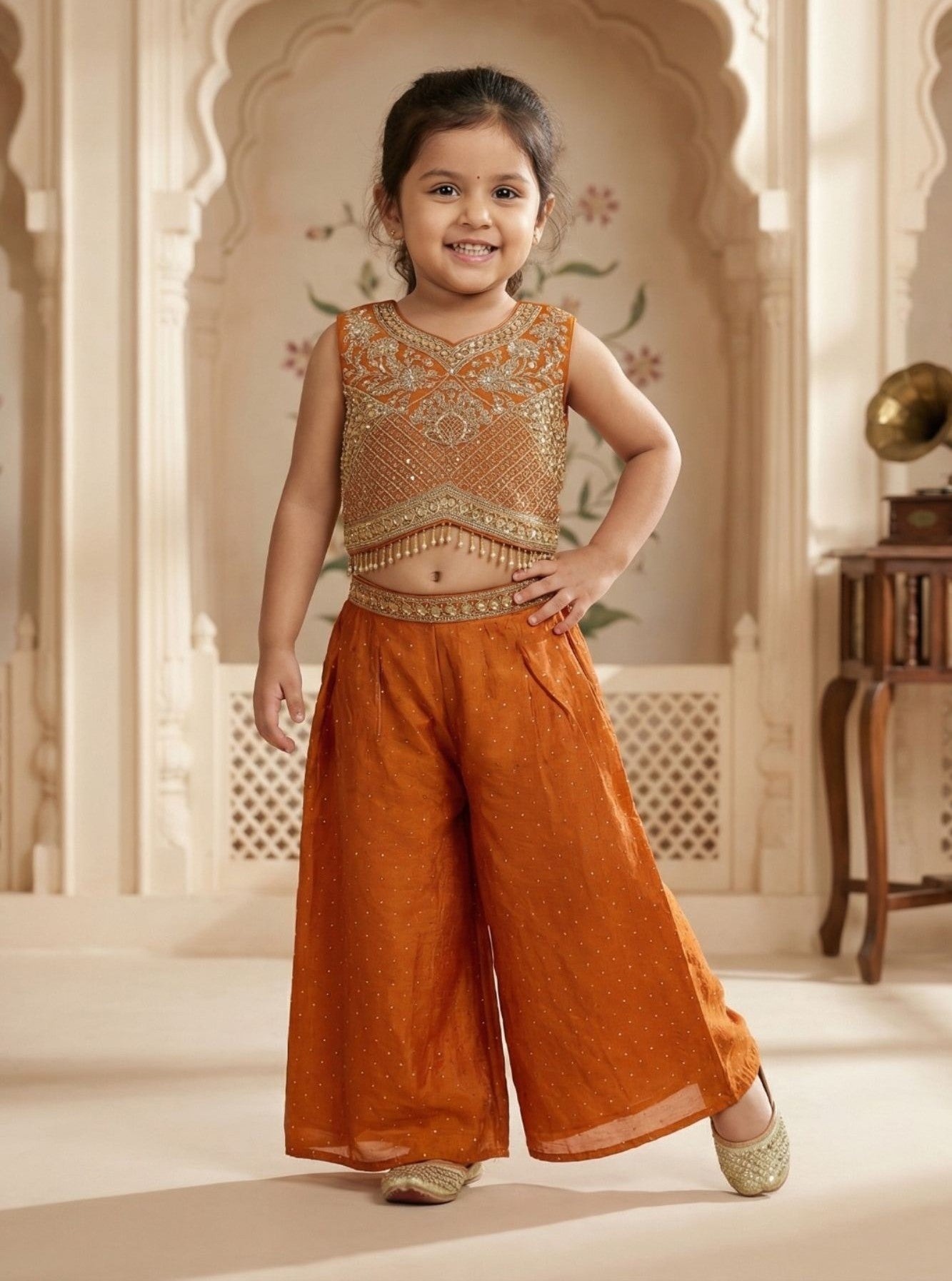 Girls Orange Embroidered Crop Top with Palazzo And Dupatta Set