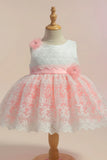 Peach & White Embroidered Party Frock with Floral Appliqué For Girls