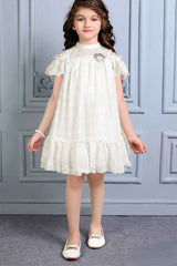 Stylish White Casual Frock Embellished With Flower For Girls