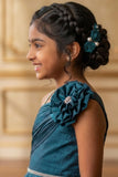 Girls Teal Blue One-Shoulder Party Gown with Floral Applique