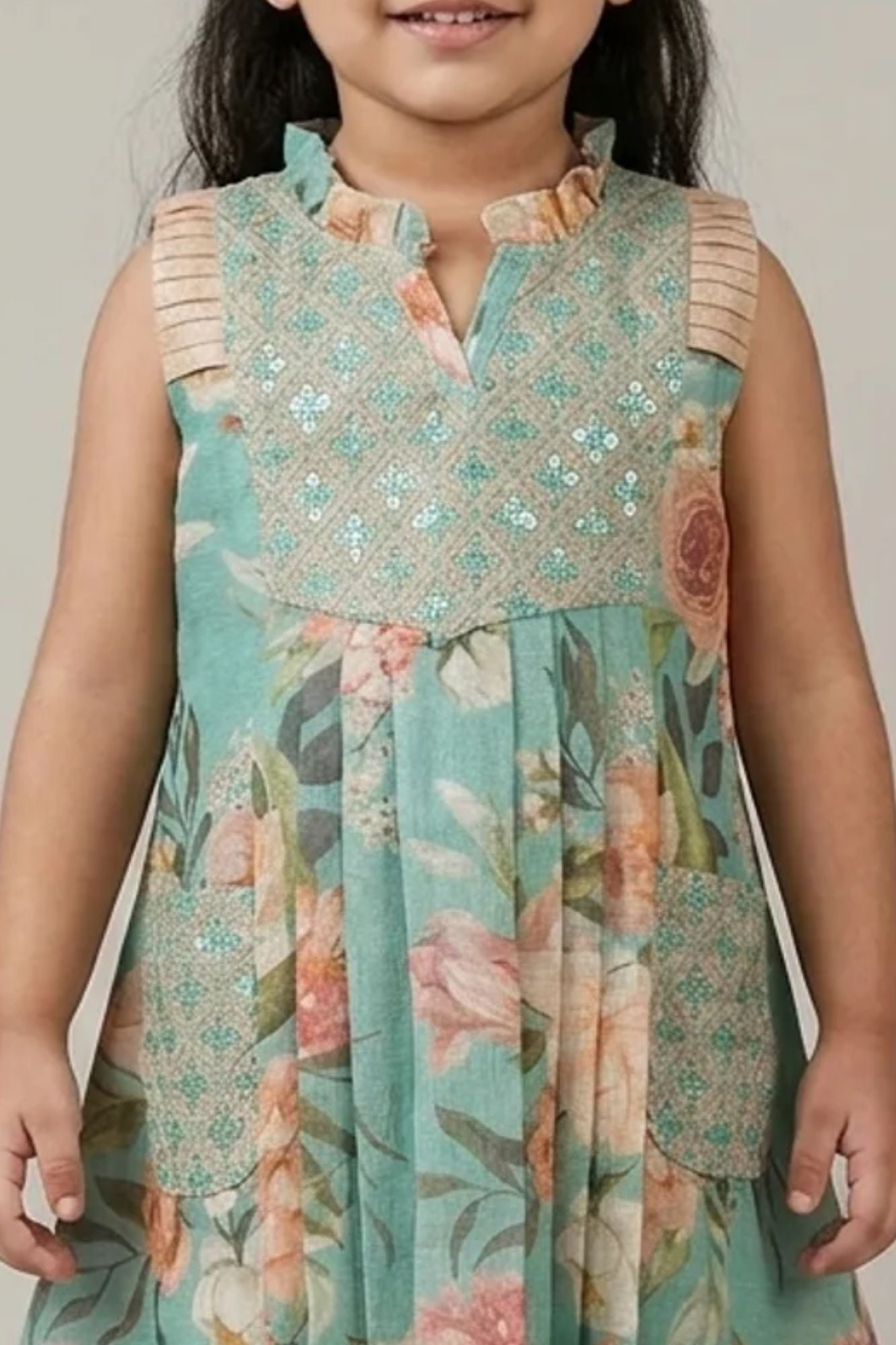 Teal Blue Bloom Sleeveless Floral Dress for Girls