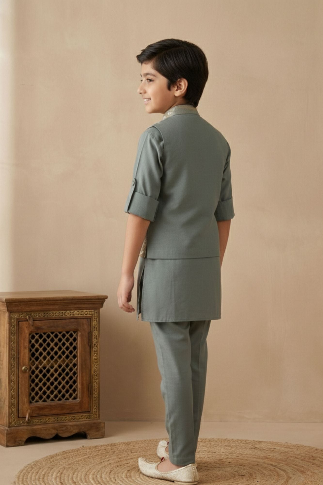 Pastel Green Embroidered Kurta Set with Nehru Jacket For Boys
