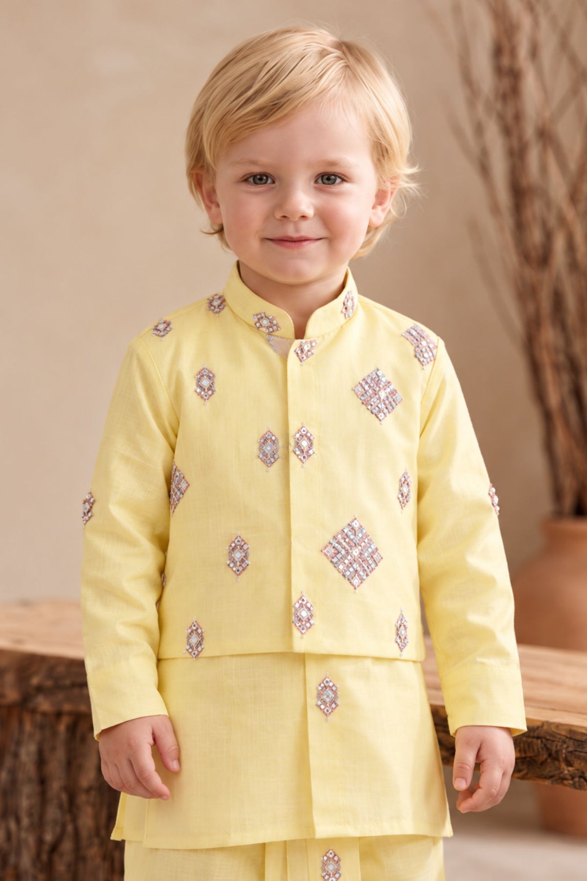 Boys Elegant Yellow Sequin Embellished Geometric Embroidered Dhoti Set with Nehru Jacket