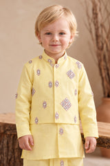 Boys Elegant Yellow Sequin Embellished Geometric Embroidered Dhoti Set with Nehru Jacket