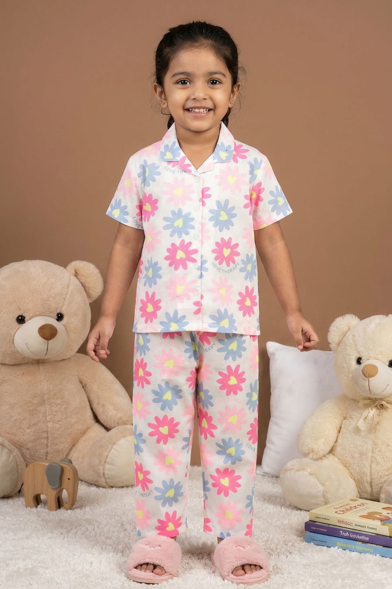 White Multicolor Daisy Floral Print Night Suit Set For Girls