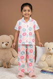 White Multicolor Daisy Floral Print Night Suit Set For Girls