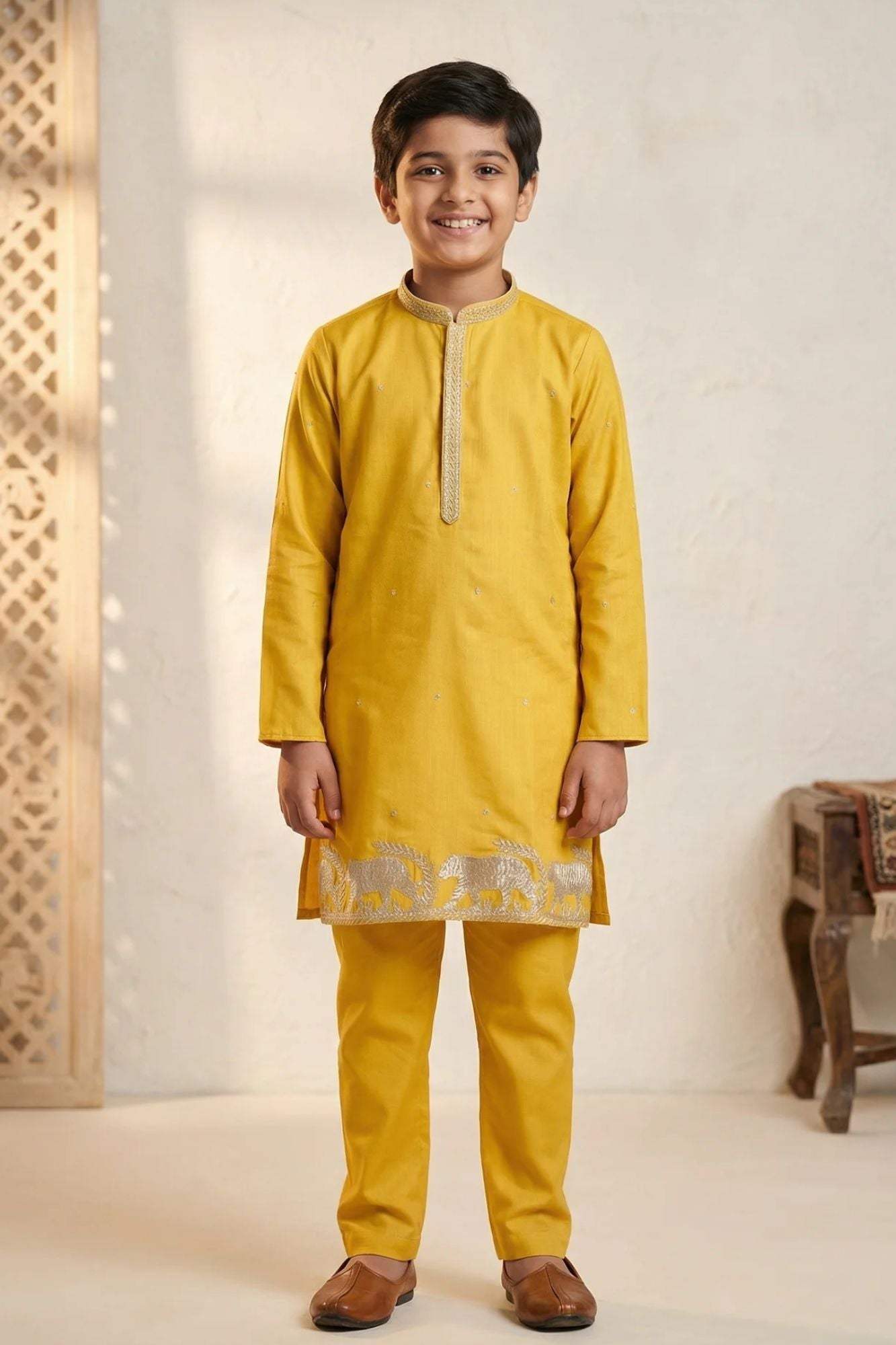 Boys Yellow Kurta Pajama Set With Golden Zari Embroidery And Shawl