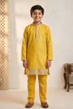 Boys Yellow Kurta Pajama Set With Golden Zari Embroidery And Shawl