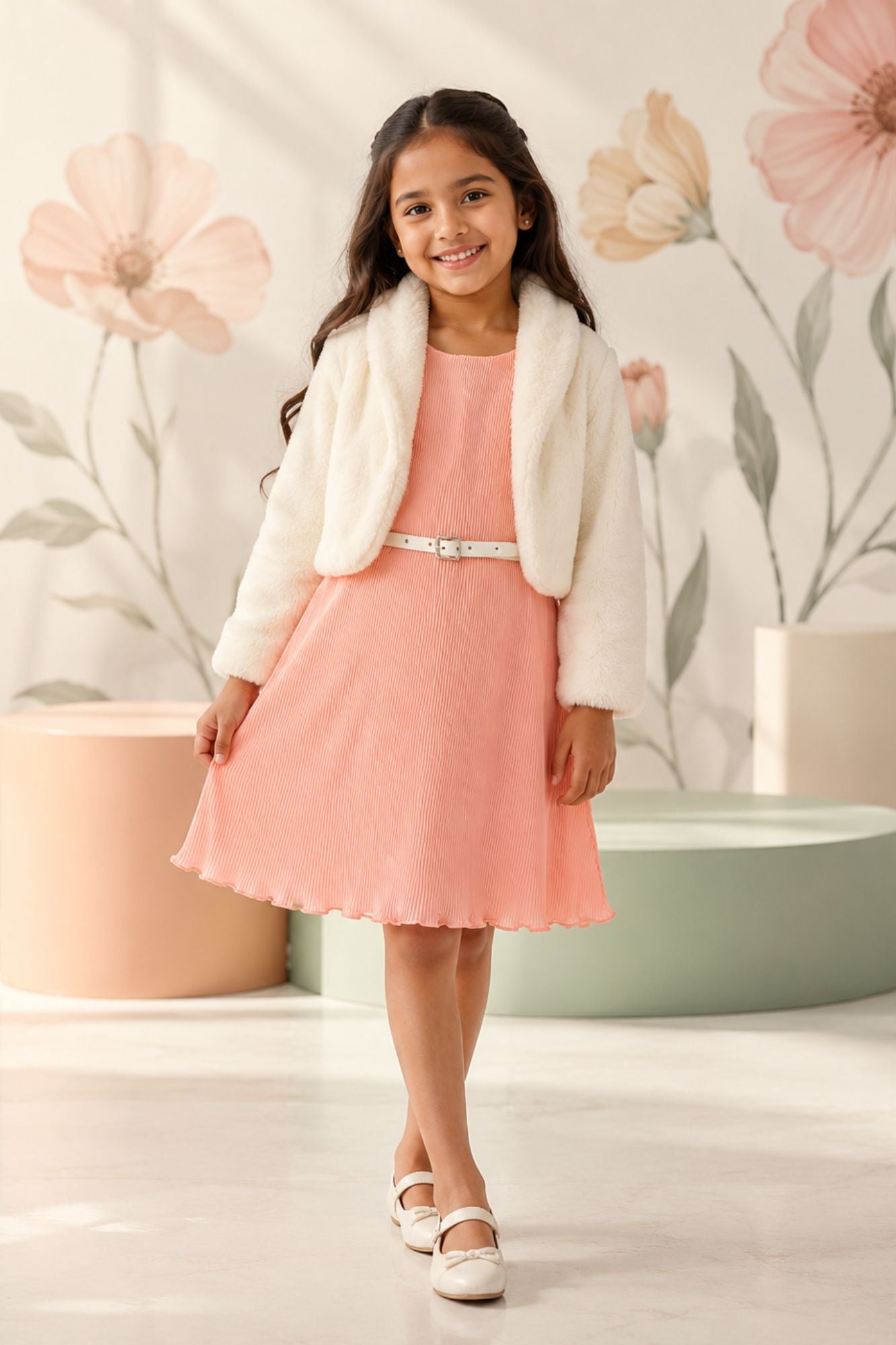 Blush Pink Dress with Ivory Fur Jacket