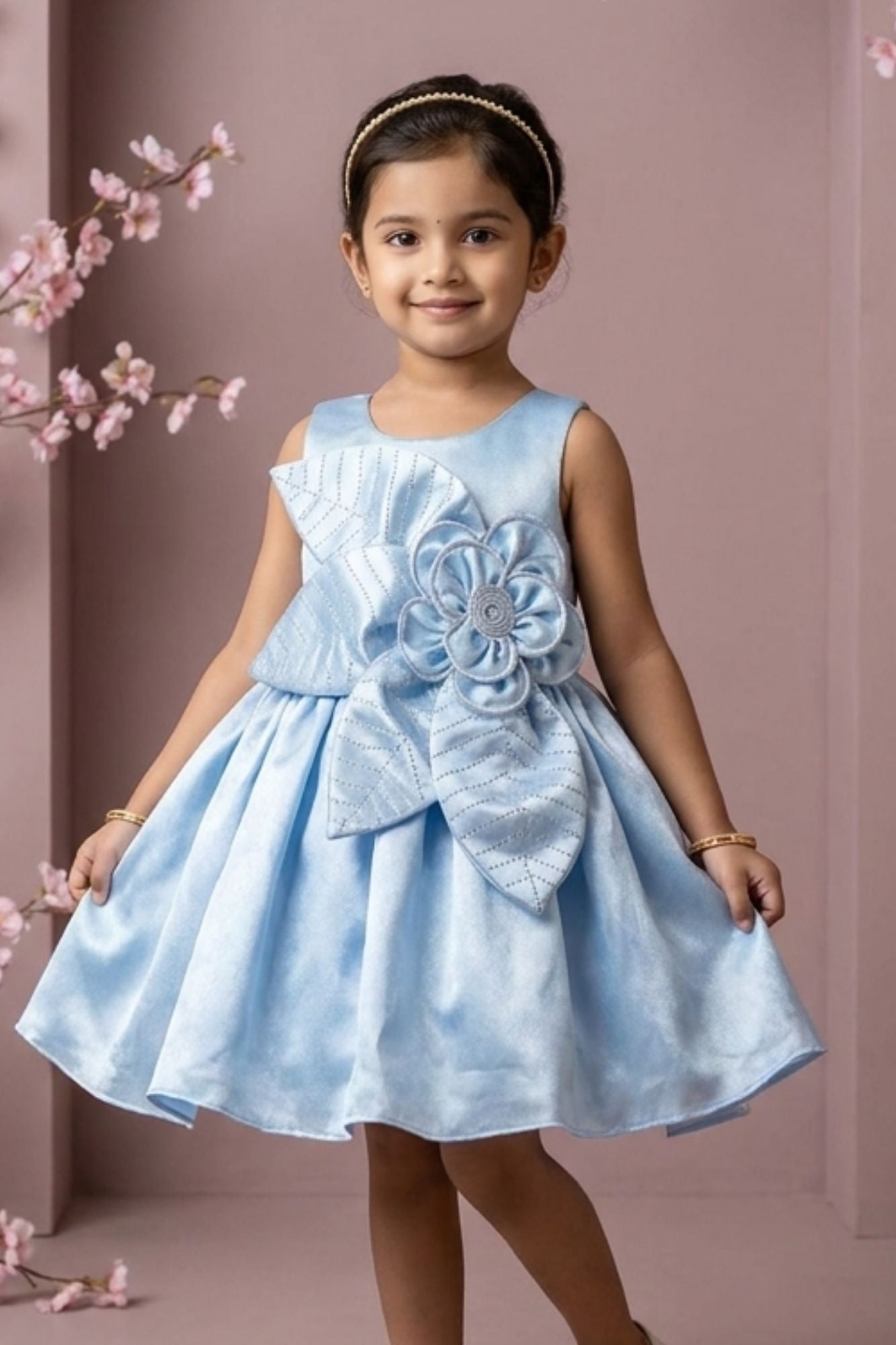 Powder Blue Floral Party Wear Frock For Baby Girls