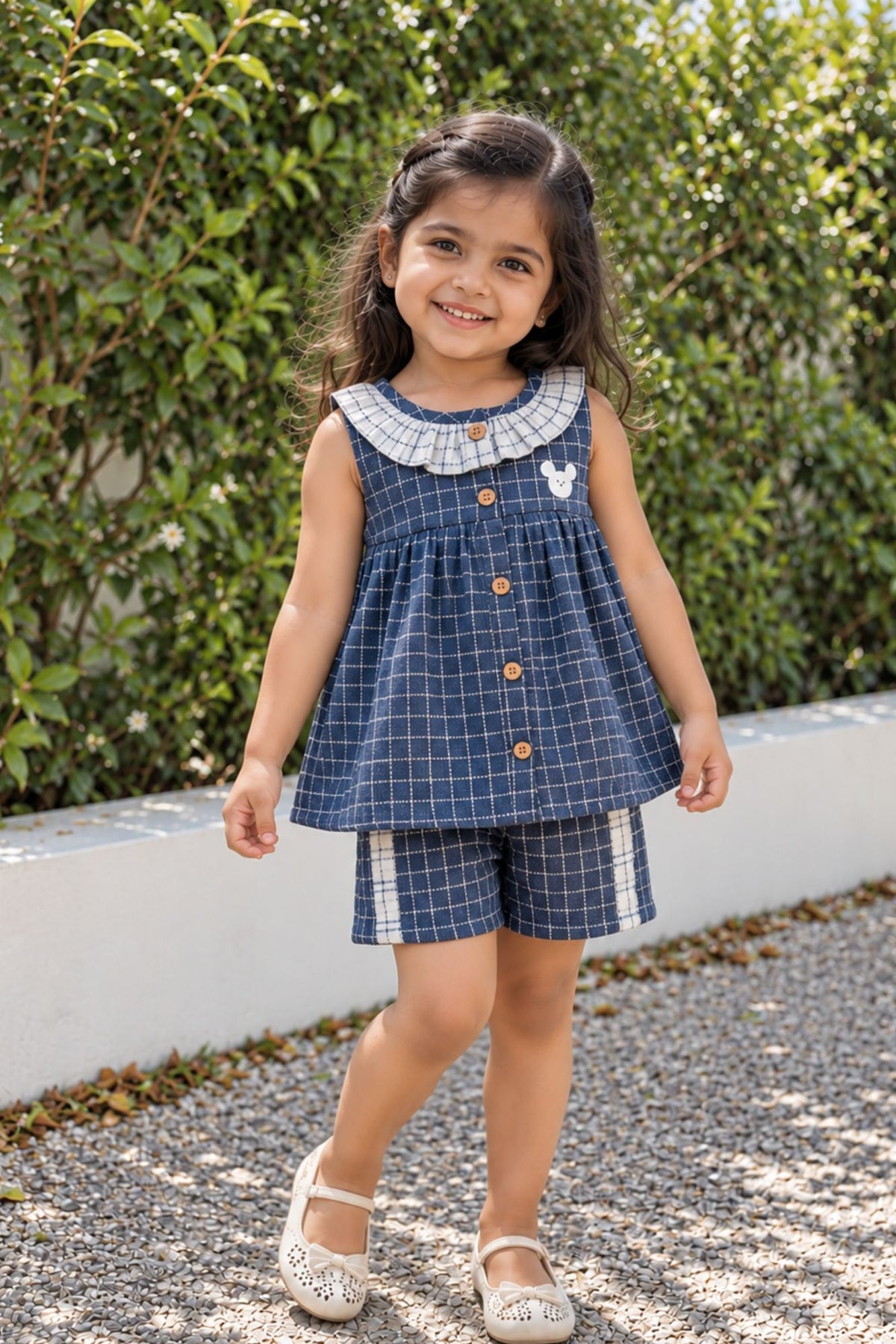 Adorable Girls Navy Blue Checked Top & Shorts Set with Ruffle Collar