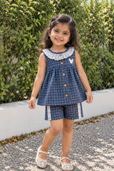 Adorable Girls Navy Blue Checked Top & Shorts Set with Ruffle Collar