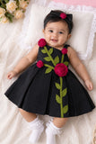Girls Black 3D Rose Applique Party Wear Frock