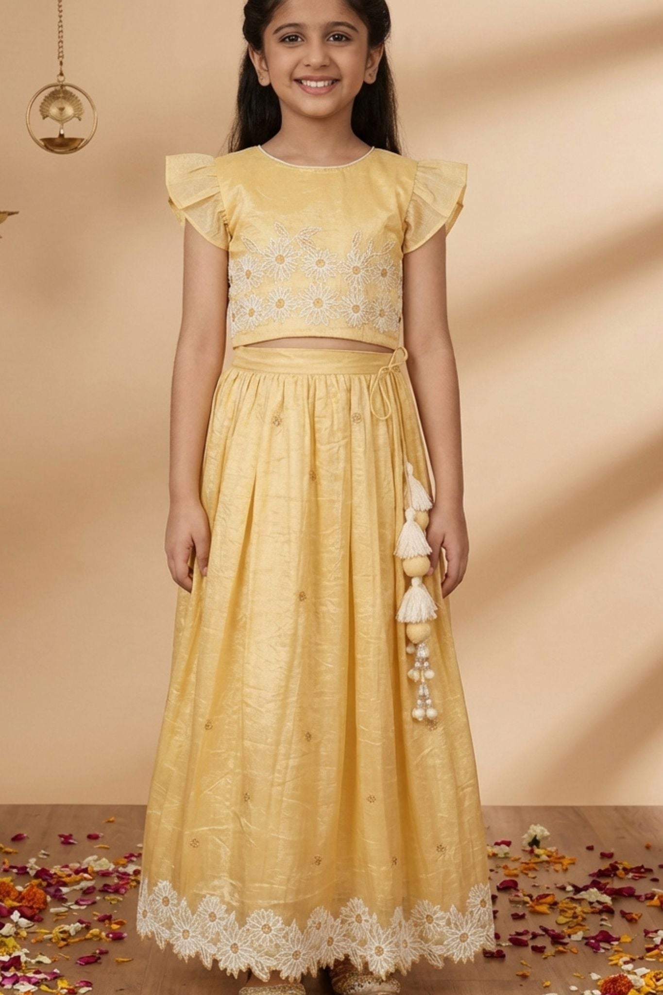 Yellow Shimmer Embroidered Lehenga Choli Set For Girls