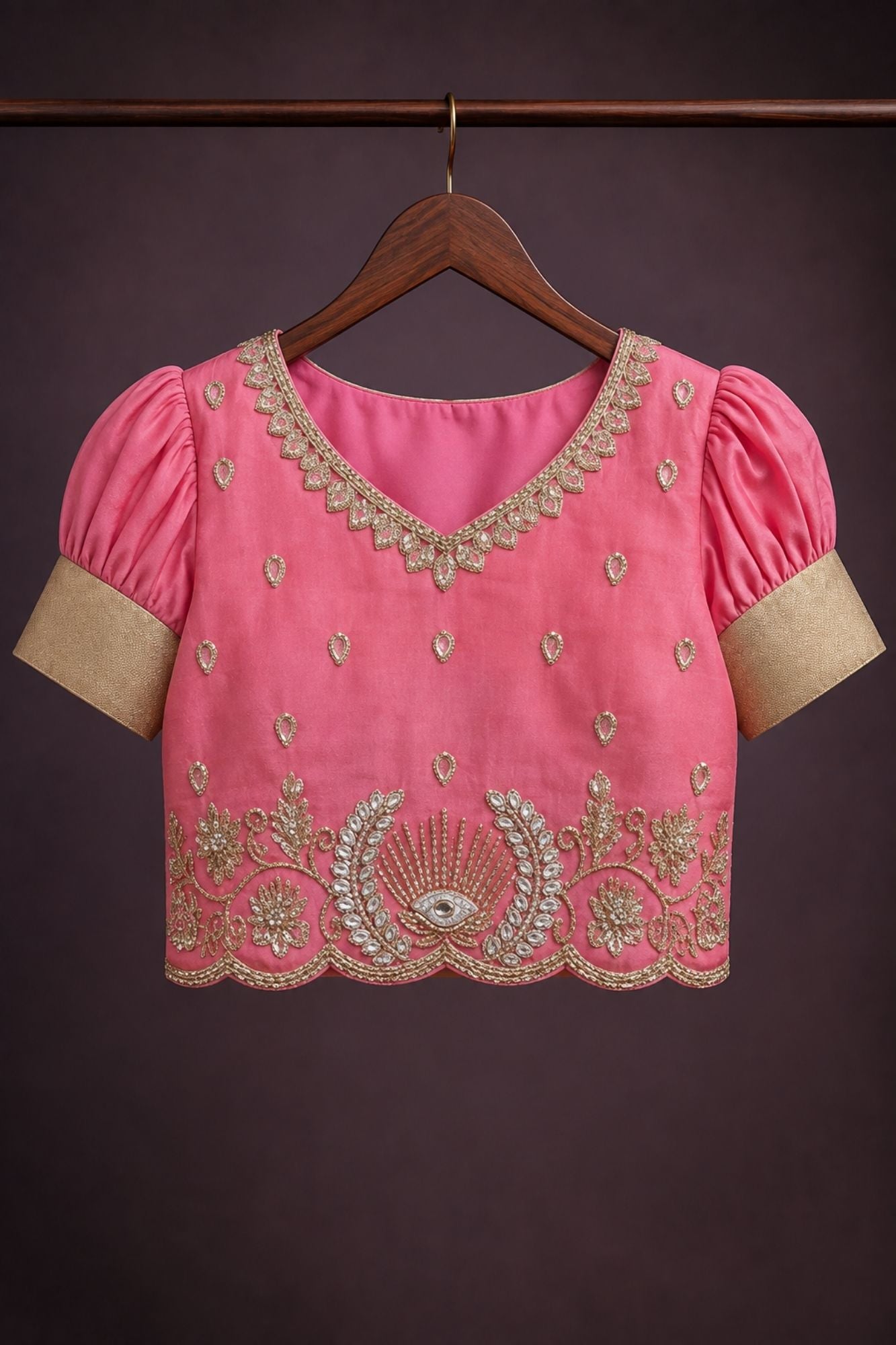Pink & Ice Blue Silk Pattu Pavadai with Puff Sleeves For Girls