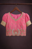 Pink & Ice Blue Silk Pattu Pavadai with Puff Sleeves For Girls