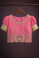 Pink & Ice Blue Pattu Pavadai with Puff Sleeves For Girls