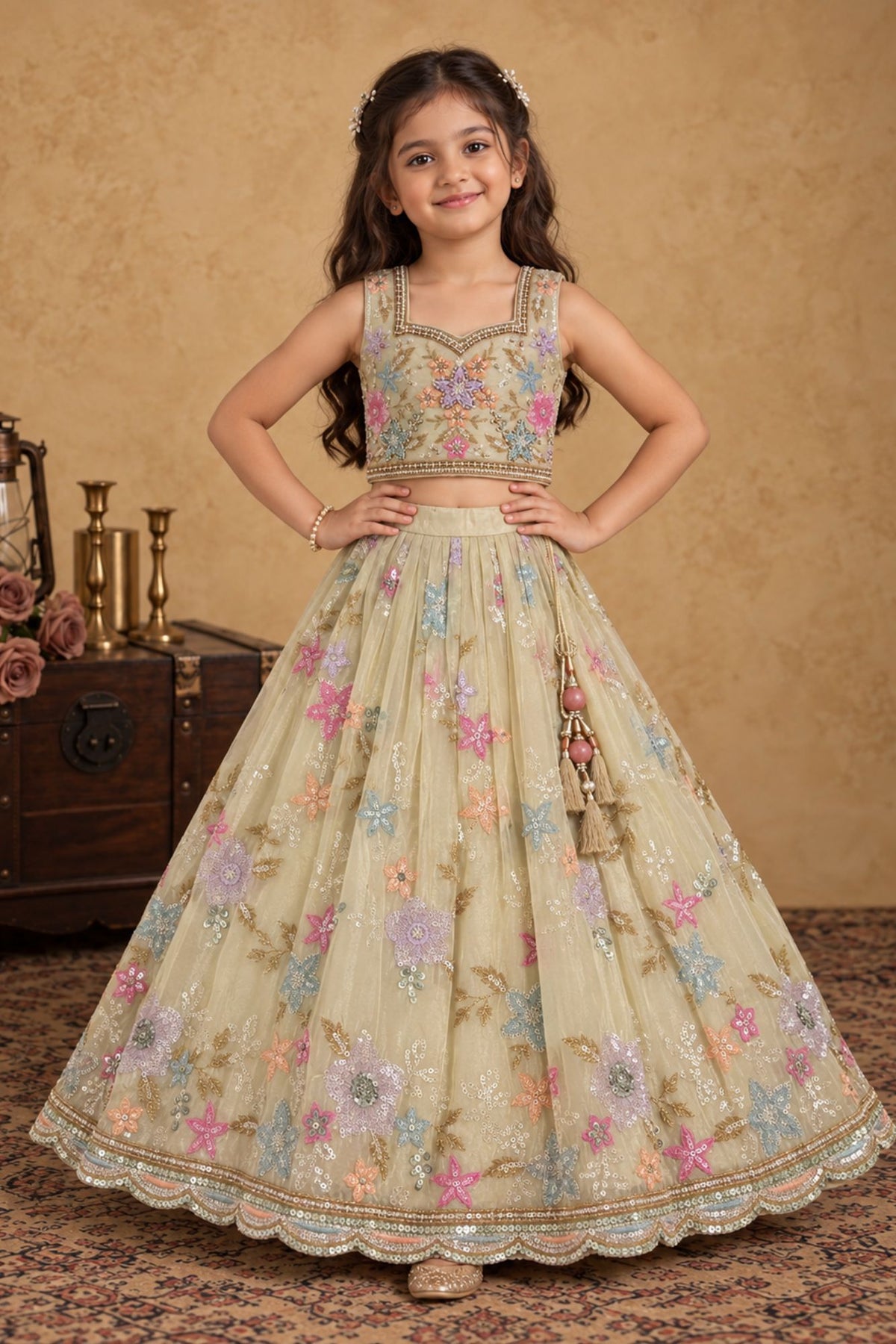 Girls Cream With Multicolor Floral Sequin Embellished Lehenga Choli Set