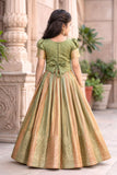 Girls Sage Green & Peach Gold Zari Woven Lehenga Choli Set with Dupatta