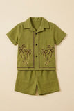 Boys Olive Green Tropical Embroidered Shorts Set with Collared Shirt