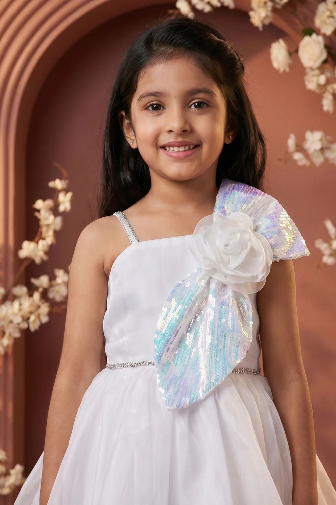 White Party Frock With Sequin Bow And 3D Flower Detail For Girls