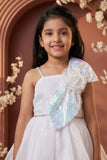White Party Frock With Sequin Bow And 3D Flower Detail For Girls
