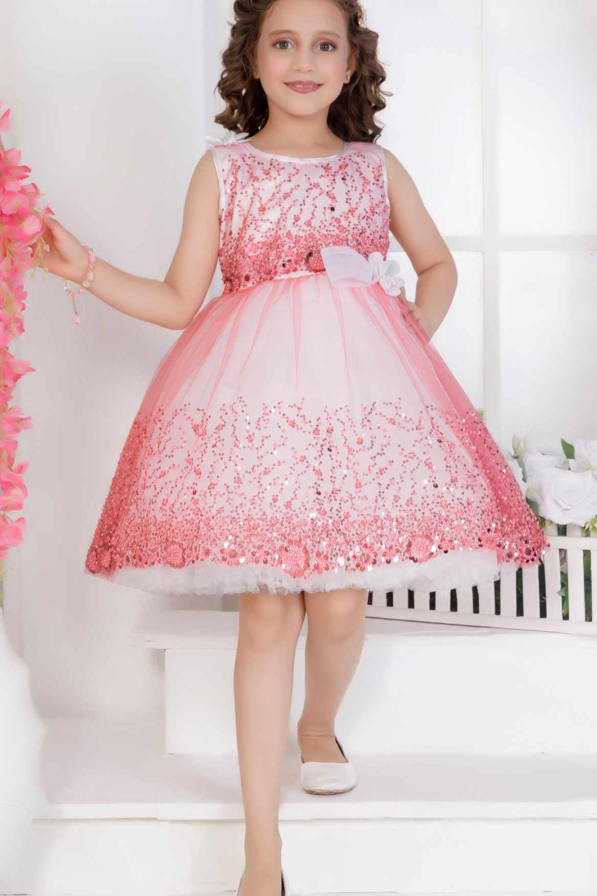 Gajri Pink Sequin Party Wear Frock with Bow For Girls