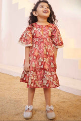 Orange Floral Printed Casual Frock With Bell Sleeves For Girls