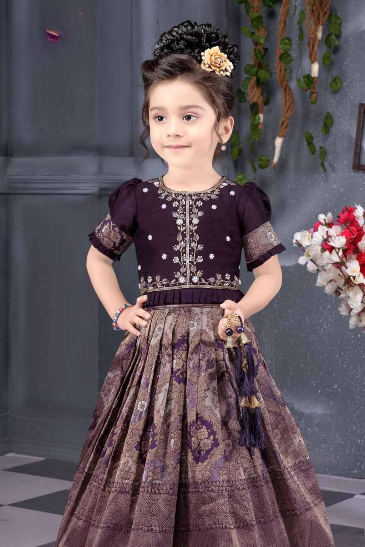 Brown Silk Pattu Pavadai With Gold Foil Print For Girls – Lagorii Kids